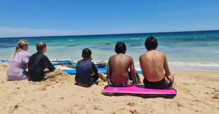 Children sitting on a sunny beach with their backs turned towards the camera while they look out to the sea
